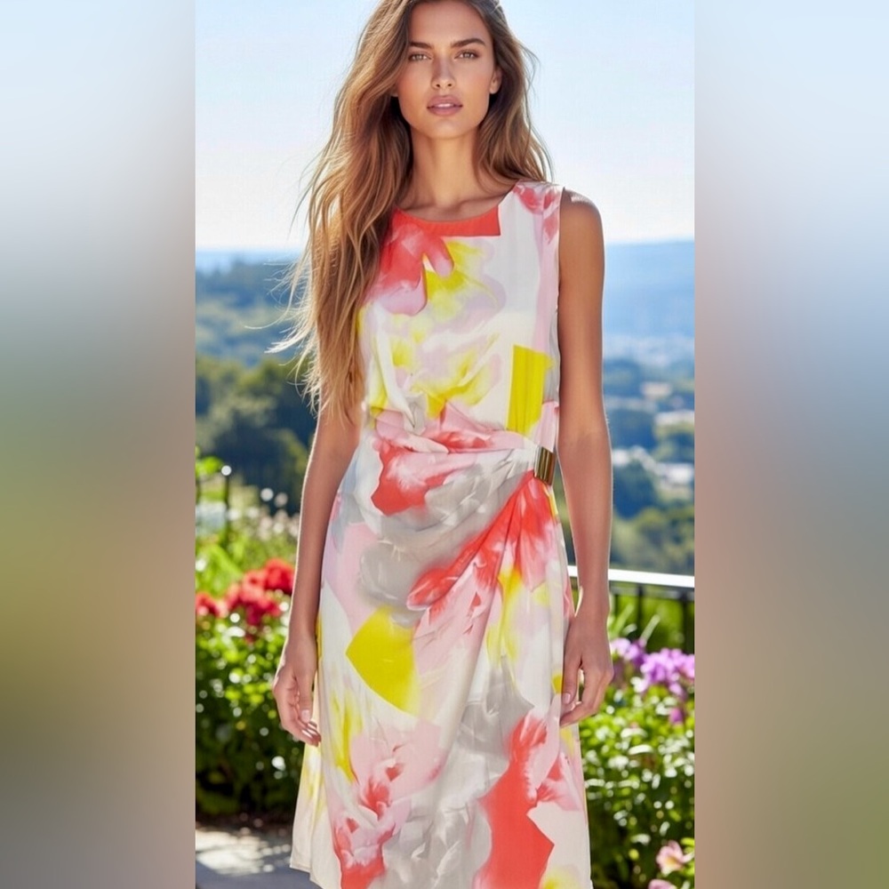 Vince Comuto Sheath Dress Pink Yellow Scoop Neck Midi with wrap effect